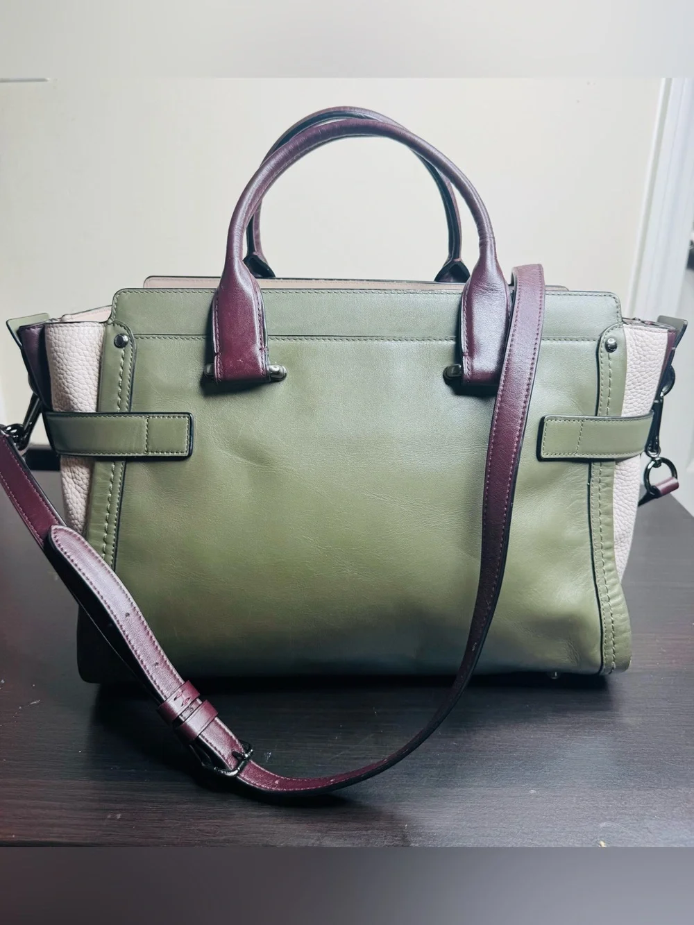 Coach Swagger  Colorblock Leather Satchel in Olive/Blush